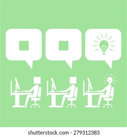 Vector icon of employee in a openspace office thinking out of the box | white modern flat design conceptual pictograms and illustrations isolated on green background