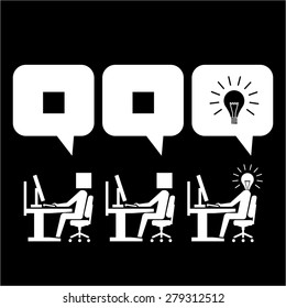 Vector icon of employee in a openspace office thinking out of the box | white modern flat design conceptual pictograms and illustrations isolated on black background