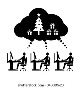 Vector icon of employees working thinking and dreaming about christmas tree and gifts in open space office | black flat design business pictogram illustration and infographic  on white background