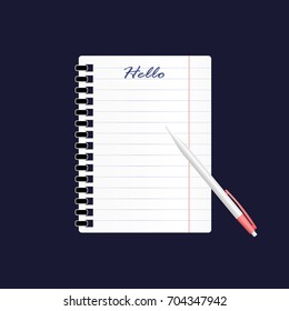 A vector icon of an empty sheet of paper in a line and a pen. The inscription in the notebook Hello. 3d realistic image for business, education, study on dark blue background.