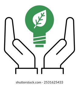 Vector icon of Energy Saving. This icon features two hands supporting a light bulb with a leaf, symbolizing energy efficiency and sustainability in a green and black design.