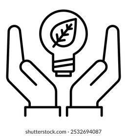 Vector icon of Energy Saving. This icon depicts hands holding a lightbulb, symbolizing energy conservation and eco-friendly practices. Ideal for energy-saving campaigns and green living initiatives.