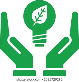 Vector icon of Energy Saving. This icon illustrates hands holding a light bulb with a leaf, symbolizing energy conservation and eco-friendly practices.