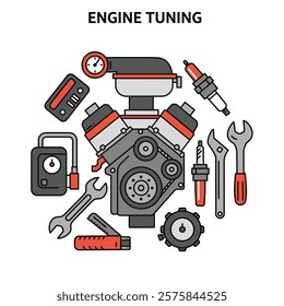 Vector icon of a Engine tuning with tuning tools on a white background