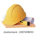 Vector icon. Engineer or constructor hardhat with blueprint and level tool