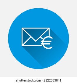 Sobre de icono del vector y icono del euro sobre fondo azul. Imagen plana con sombra larga.