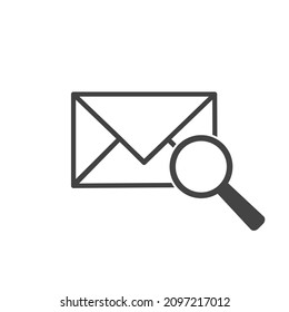 Vector icon of envelope and magnifier, magnifying glass on white isolated background.