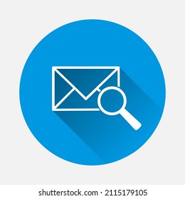 Vector icon of envelope and magnifier, magnifying glass on blue background. Flat image with long shadow.