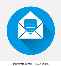 Vector icon envelope, message, mail on blue background. Flat image envelope with long shadow. Layers grouped for easy editing illustration. For your design.