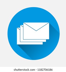 Vector icon of envelope. Paper envelope flies to the destination on blue background. Flat image message icon in the mail with long shadow. Layers grouped for easy editing illustration.