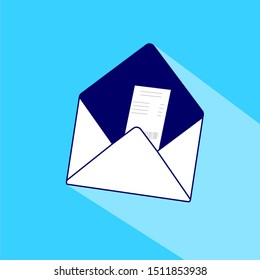Vector icon of an envelope with a prize bill.  Flat style vector illustration with long shadow and blue background.