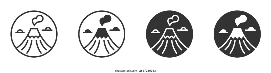 Vector icon of an erupting volcano with smoke and clouds, symbolizing natural disasters or geological phenomena.