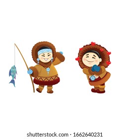 vector icon of eskimo family in national clothes merry chukchi funny wife in warm winter fluffy clothes with fishing rod and fish, shaman in love isolated on white, indian children, mongolian family