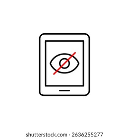 Vector icon of e-tablet with crossed-out eye, symbolizing hidden screen activity, private browsing, or restricted access. Ideal for digital apps, privacy settings, secure devices