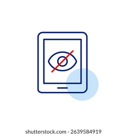 Vector icon of e-tablet with crossed-out eye, symbolizing hidden screen activity, private browsing, or restricted access. Ideal for digital apps, privacy settings, and secure devices