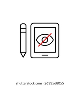 Vector icon of e-tablet and pencil with crossed-out eye, symbolizing private digital drawing, hidden edits, or restricted access. Ideal for creative apps, privacy tools, and design platforms