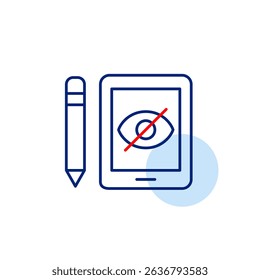 Vector icon of e-tablet and pencil with crossed-out eye, symbolizing private digital drawing, hidden edits, or restricted access. Ideal for creative apps, privacy tools, and design