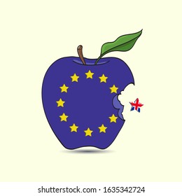 Vector icon of the exit of the Kingdom of Great Britain from the European Union. A bitten apple with an EU flag as a symbol. Brexit referendum concept about UK withdrawal from the EU.