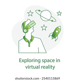 Vector icon for Exploring Space in Virtual Reality. Depicts a user in VR experiencing space exploration, symbolizing educational VR content.