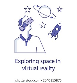 Vector icon for Exploring Space in Virtual Reality. Depicts a user in VR experiencing space exploration, symbolizing educational VR content.