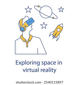 Vector icon for Exploring Space in Virtual Reality. Depicts a user in VR experiencing space exploration, symbolizing educational VR content.