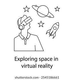 Vector icon for Exploring Space in Virtual Reality. Depicts a user in VR experiencing space exploration, symbolizing educational VR content.