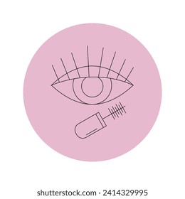 Vector icon of an eye with eyelashes and mascara in a pink circle on a white background.