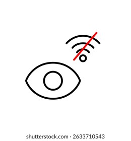 Vector icon of eye with no Wi-Fi symbol, symbolizing offline visibility, no network monitoring, or disabled online tracking. Ideal for connectivity apps, privacy settings, and network tools