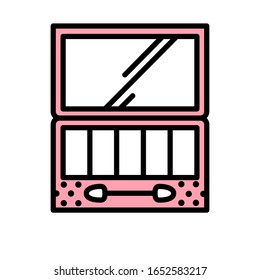 Vector icon eye shadow with applicator in a rectangular box in flat style with black stroke, pink and white fill and circles texture for design