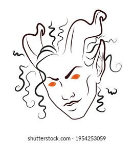 The vector icon - the face of a horned woman of the tiefling race from the tabletop role-playing game system Dungeons and Dragons. Can be used both for web design and for printing on game-cards.