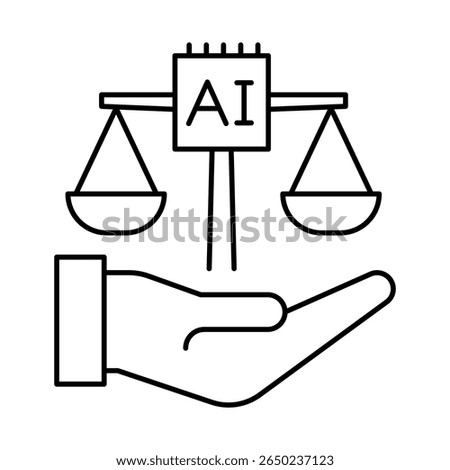 Vector icon of Fairness – Scales of Justice Representing Equal Treatment and Non-Bias in AI Algorithms and Decisions. Black Outline.