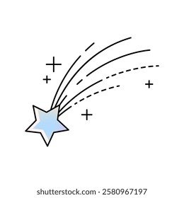 Vector icon of falling star. Sign of space meteor or comet. Celestial design for shooting stars, cosmic wish and night sky. Meteorite motion or asteroid fall. Heavenly trail. Astronomy and universe.