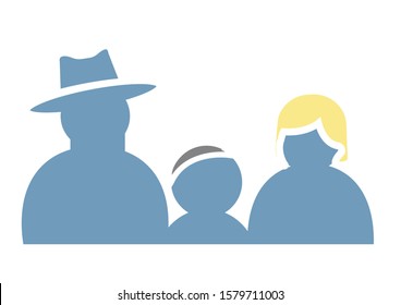 Vector Icon of Family Purity, Father Mother and Child Orthodox Jews in Symbolic Silhouette