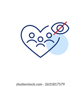 Vector icon of family of three inside heart with crossed-out eye, symbolizing private family, hidden relationships, or confidential care. Ideal for family apps, privacy settings, and social platforms