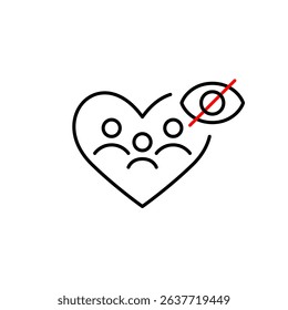 Vector icon of family of three inside heart with crossed-out eye, symbolizing private family, hidden relationships, or confidential care. Ideal for family apps, privacy settings, and platforms
