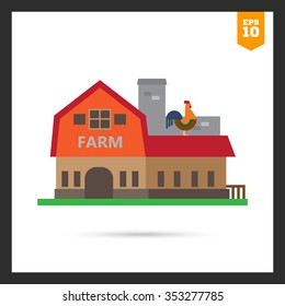 Vector icon of farm building with cockerel sitting on roof