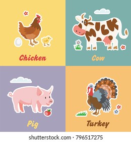 Vector icon of farm meat products with beef, milk, pork, turkey, chicken and egg. Collection of cute farming color tile. Cow, pig, turkey-cock and chick.