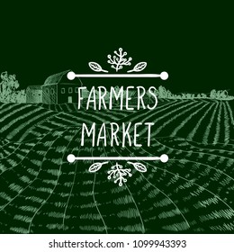 Vector Icon: Farmers Market, Farm Field Chalk Drawing Background and Lettering in Doodle Natural Frame.