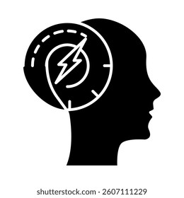 Vector icon for Faster Thinking. Silhouette of a head with gears and speed trails, symbolizing high-speed cognition and efficiency in thought.