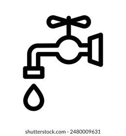 Vector icon of a faucet with a drop of water, representing plumbing or water themes. Simple black and white design. Editable stroke.