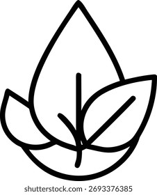 Un ícono de Vector presenta una forma de gota de agua con hojas en el interior. La Imagen está aislada sobre un fondo blanco y representa la naturaleza, la ecología y los conceptos ambientales.