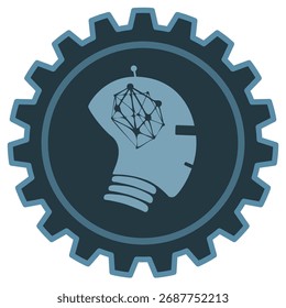 Ícone vetorial com um robô de IA com uma rede neural dentro de uma engrenagem, simbolizando inteligência artificial, aprendizagem de máquina e tecnologia futura.