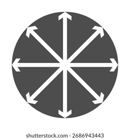 Ícone de vetor apresentando uma forma circular com oito setas brancas irradiando para fora do centro, simbolizando expansão, direção, rede e estratégia