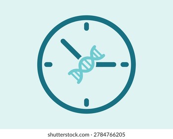 A vector icon featuring a clock face combined with a DNA double helix, representing genetic time, circadian rhythm, and biological aging concepts.