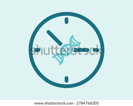 A vector icon featuring a clock face combined with a DNA double helix, representing genetic time, circadian rhythm, and biological aging concepts.