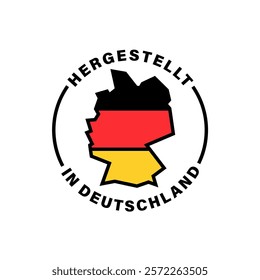 Vector icon featuring the German map and Hergestellt in Deutschland text, meaning "Made in Germany." Minimalist design symbolizing German-made quality, authenticity, and reliability for branding