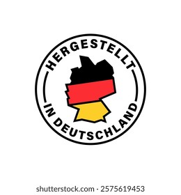 Vector icon featuring the German map and Hergestellt in Deutschland text, meaning "Made in Germany." Minimalist design symbolizing German-made quality, authenticity, and reliability for branding