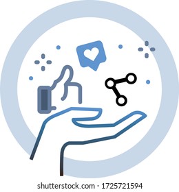 A vector icon featuring the most recognisable icons involved in social media; likes, hearts, and share icons. An icon to describe micro influencers.