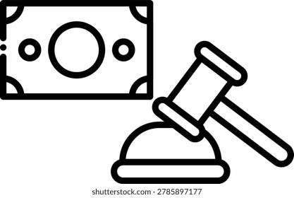 Vector icon featuring a professional judicial wooden gavel hammer laying next to green cash banknotes, representing bought verdicts and legal bribes.