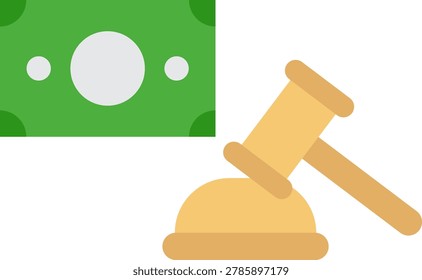Vector icon featuring a professional judicial wooden gavel hammer laying next to green cash banknotes, representing bought verdicts and legal bribes.